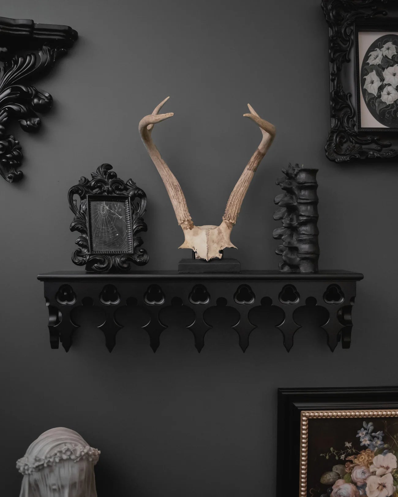 The Gothic Revival fireplace mantel is made of hardwood (beech)