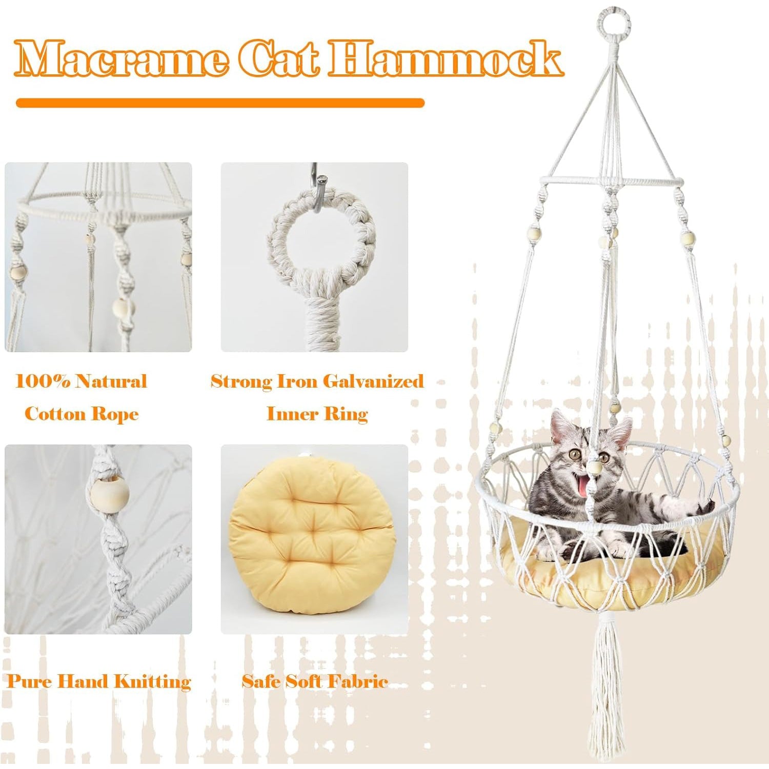 Hand-Woven Hanging Bohemian Cat Bed with Hanging Kit
