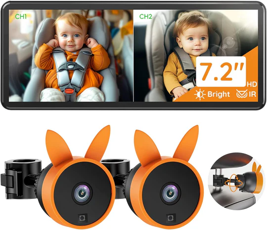 Dual Baby Car Camera – 7.2" HD Split-Screen Monitor for Rear-Facing Seats