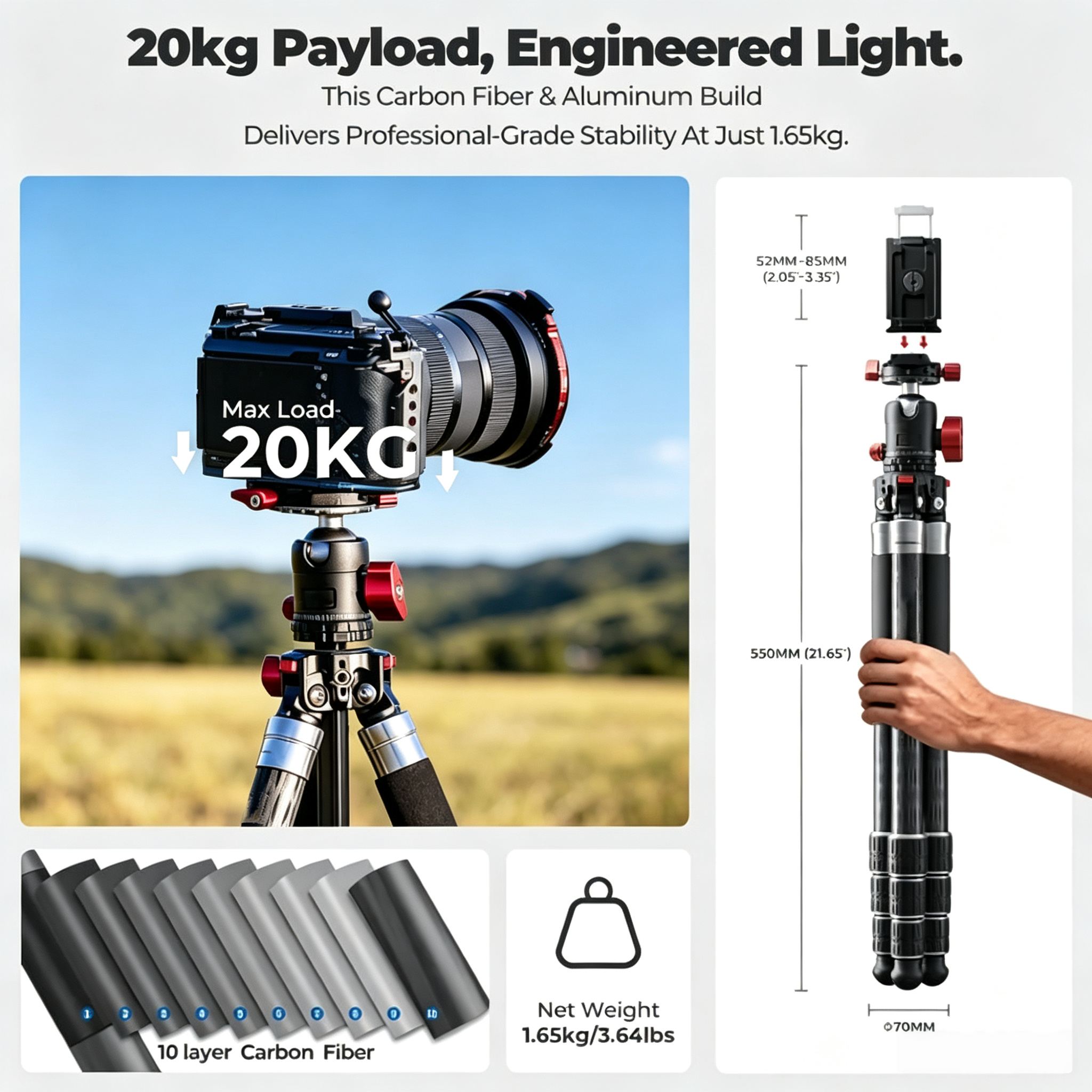 5-in-1 Carbon Fiber Tripod with Multi-Mode Shooting Flexibility