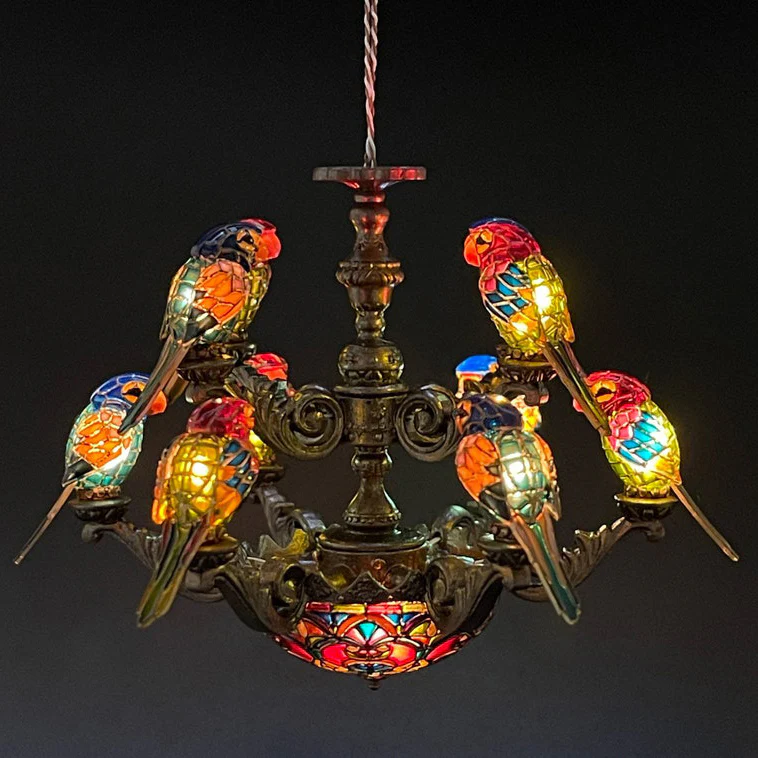 Mini Tiffany Style Two-Tier Parrot Chandelier – Dollhouse Miniature