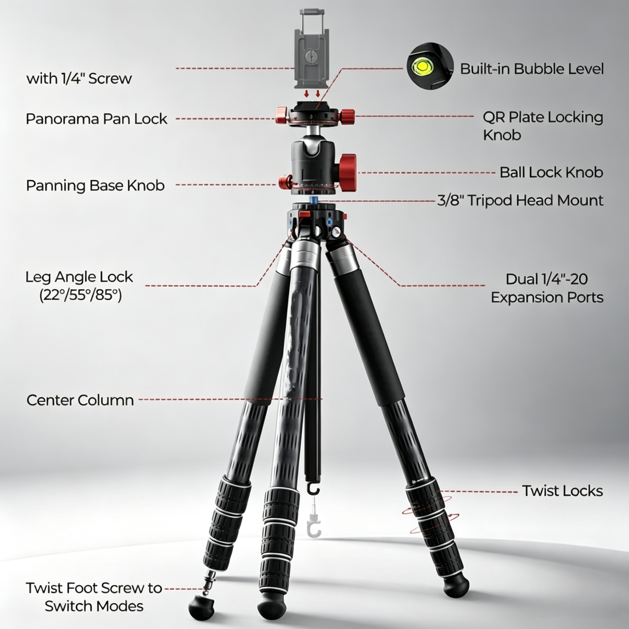 5-in-1 Carbon Fiber Tripod with Multi-Mode Shooting Flexibility