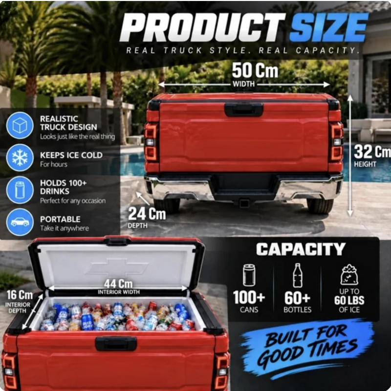 Truck Tailgate Replica Cooler – 50+ Can Capacity, Ice-Cold for Days 