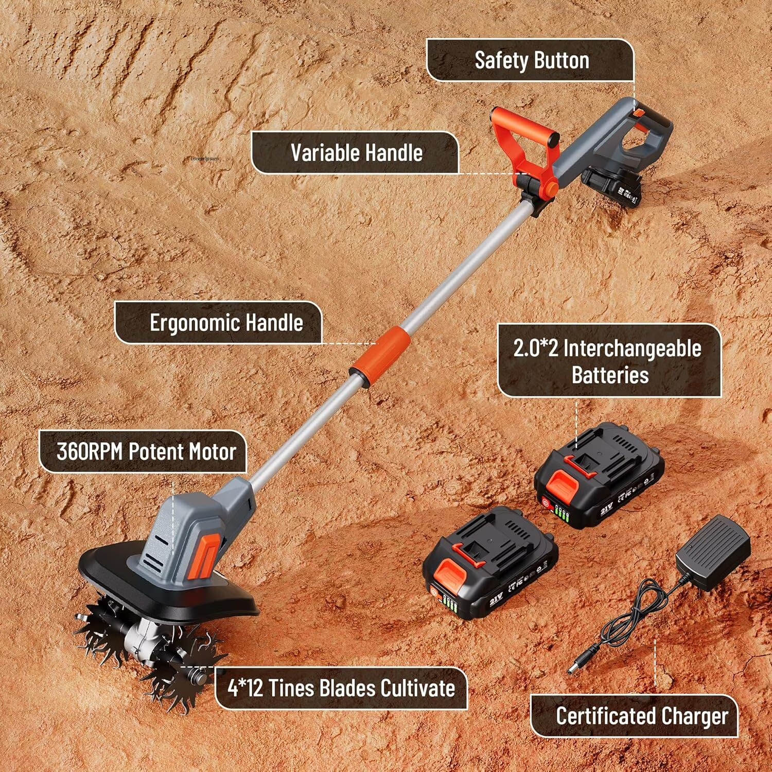 What's Included 1 × Cordless Tiller Unit 2 × 2.0Ah Batteries 1 × Fast Charger 1 × User Manual