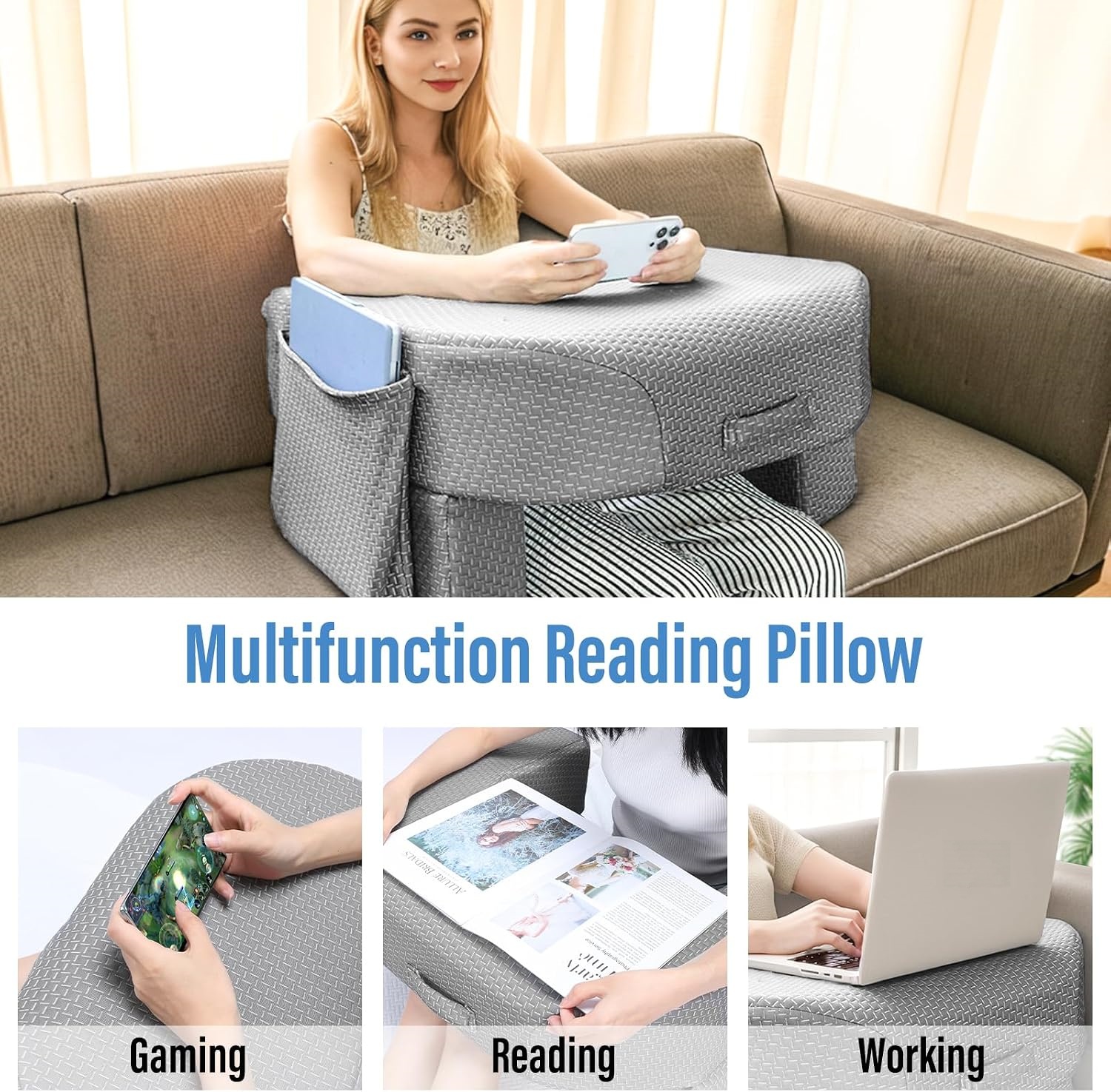 Extra-Large Reading Pillow with Armrests – Adjustable Lap Desk for Gaming, Working & Reading