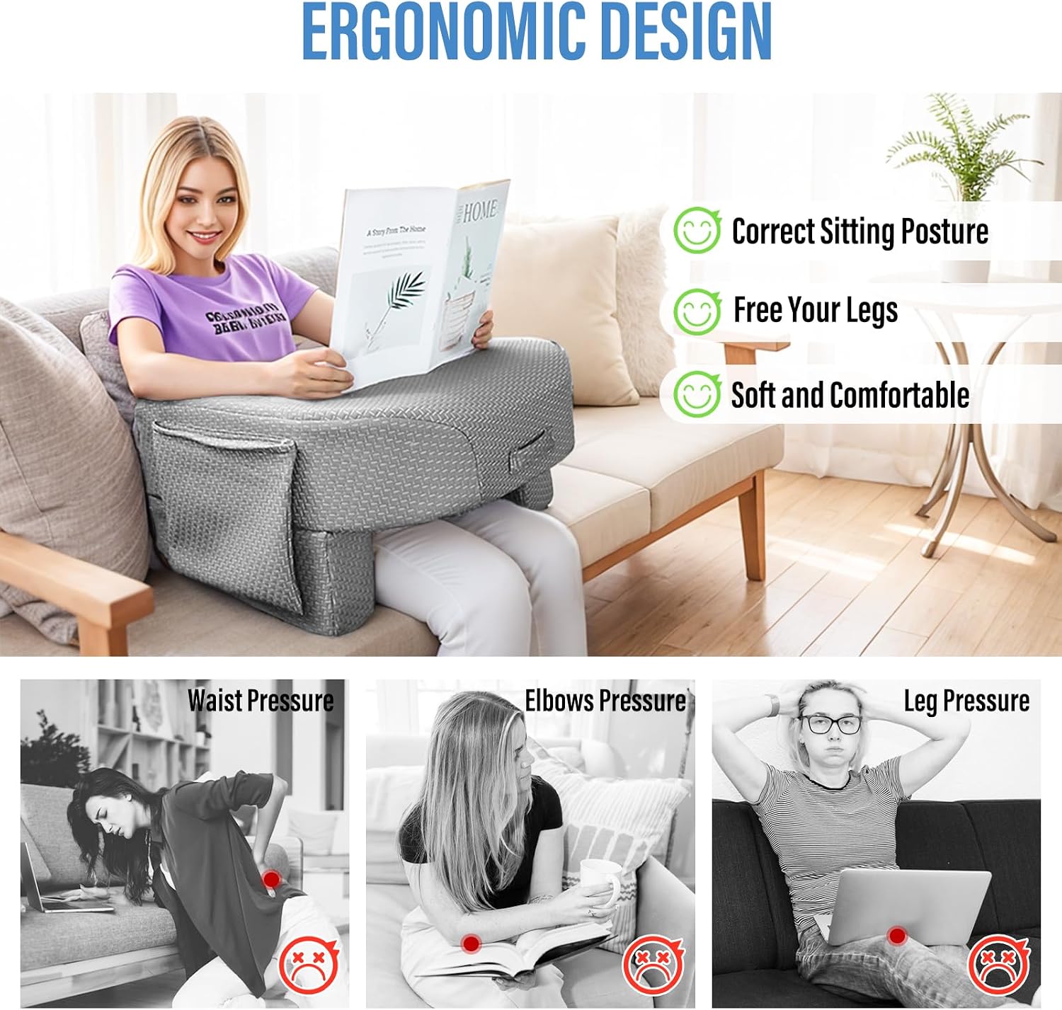 Extra-Large Reading Pillow with Armrests – Adjustable Lap Desk for Gaming, Working & Reading