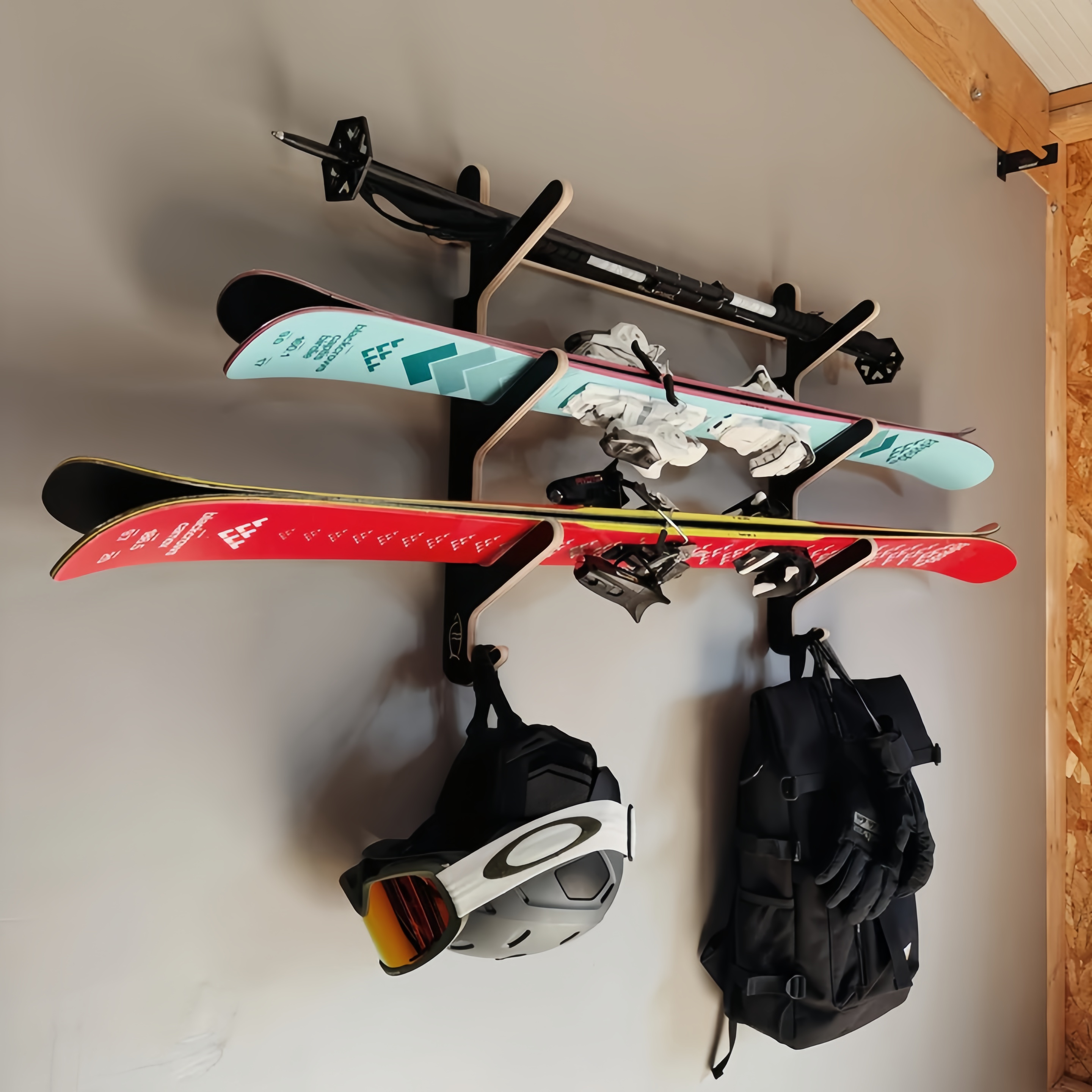 Wall-Mounted Ski Rack — Horizontal Ski Storage Display Rack