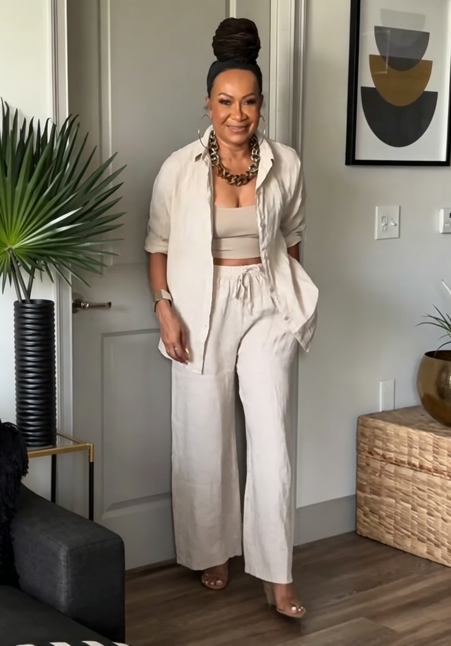 Linen Two-Piece Outfit - Collared Button-Down Shirt & High Waist Wide Leg Pants for Women