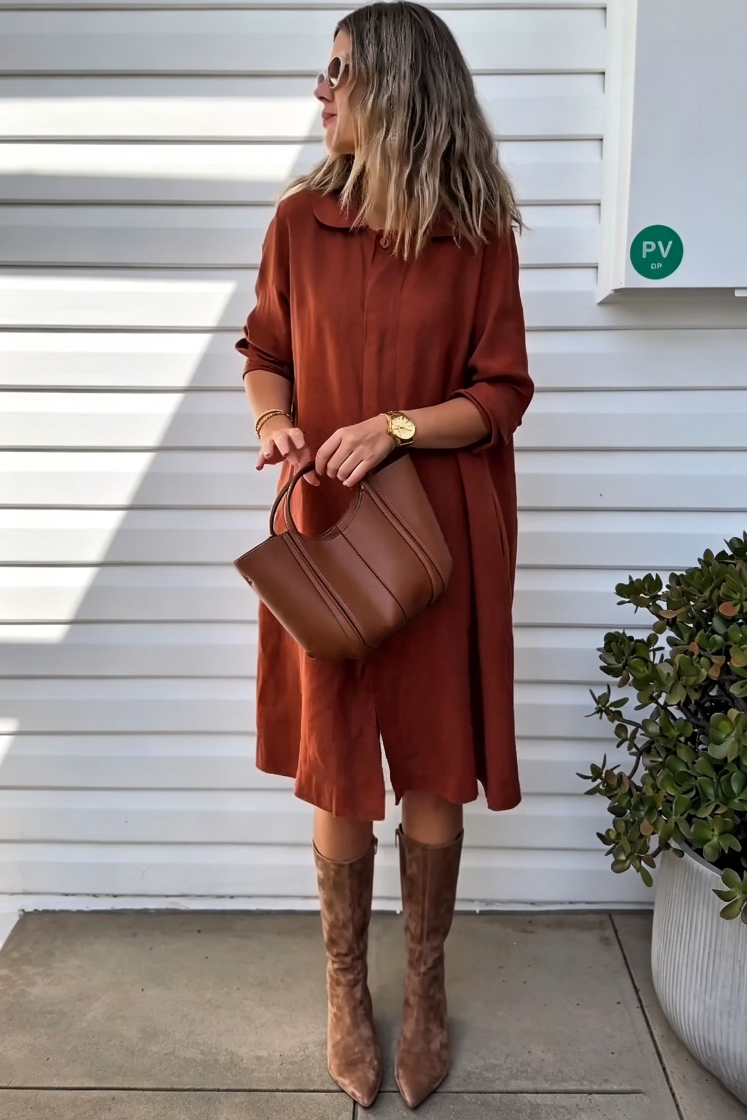 Rust Linen Blend Peter Pan Collar Loose Fit Midi Shirt Dress for Women, Casual Long Sleeve Tunic Dress