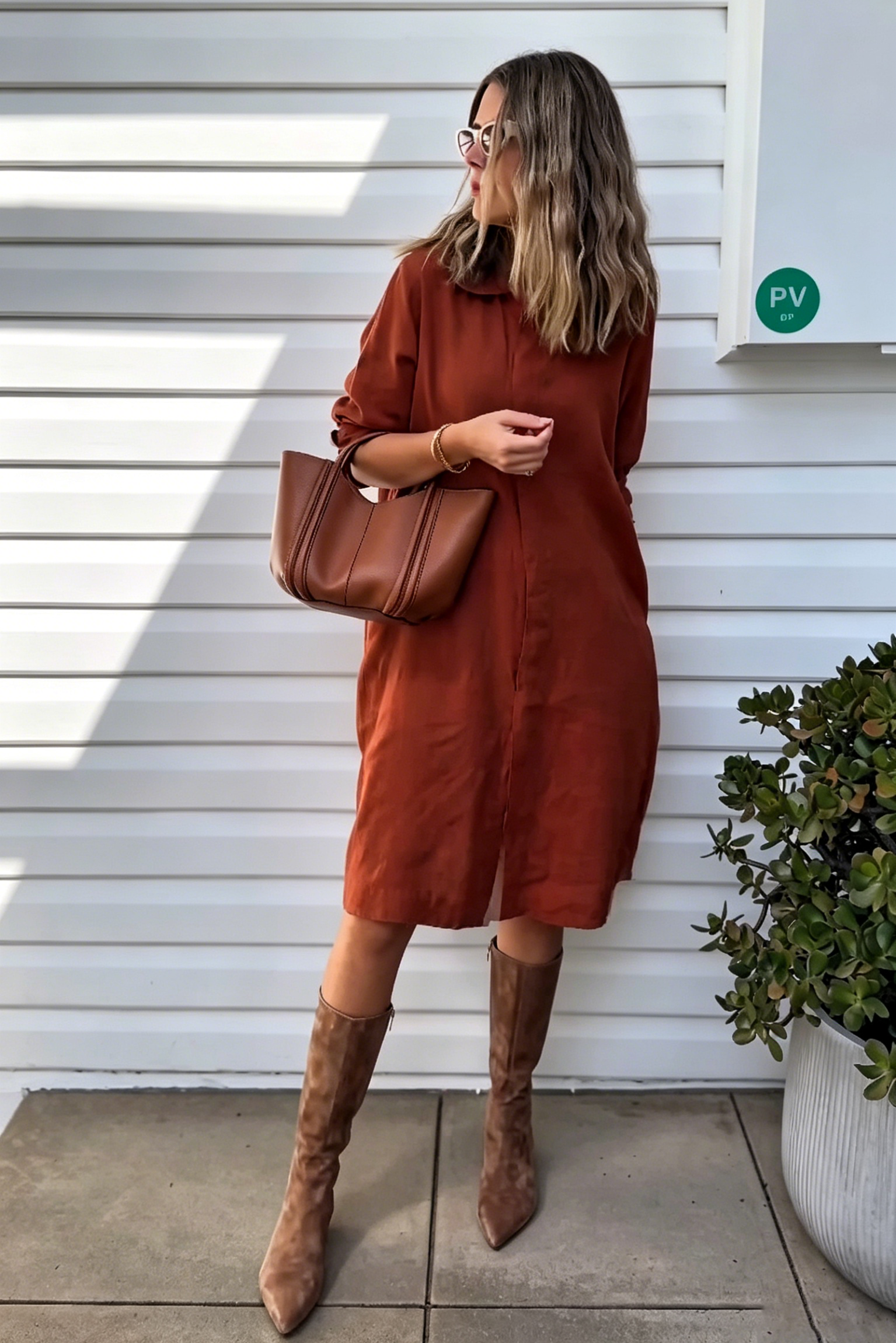 Rust Linen Blend Peter Pan Collar Loose Fit Midi Shirt Dress for Women, Casual Long Sleeve Tunic Dress