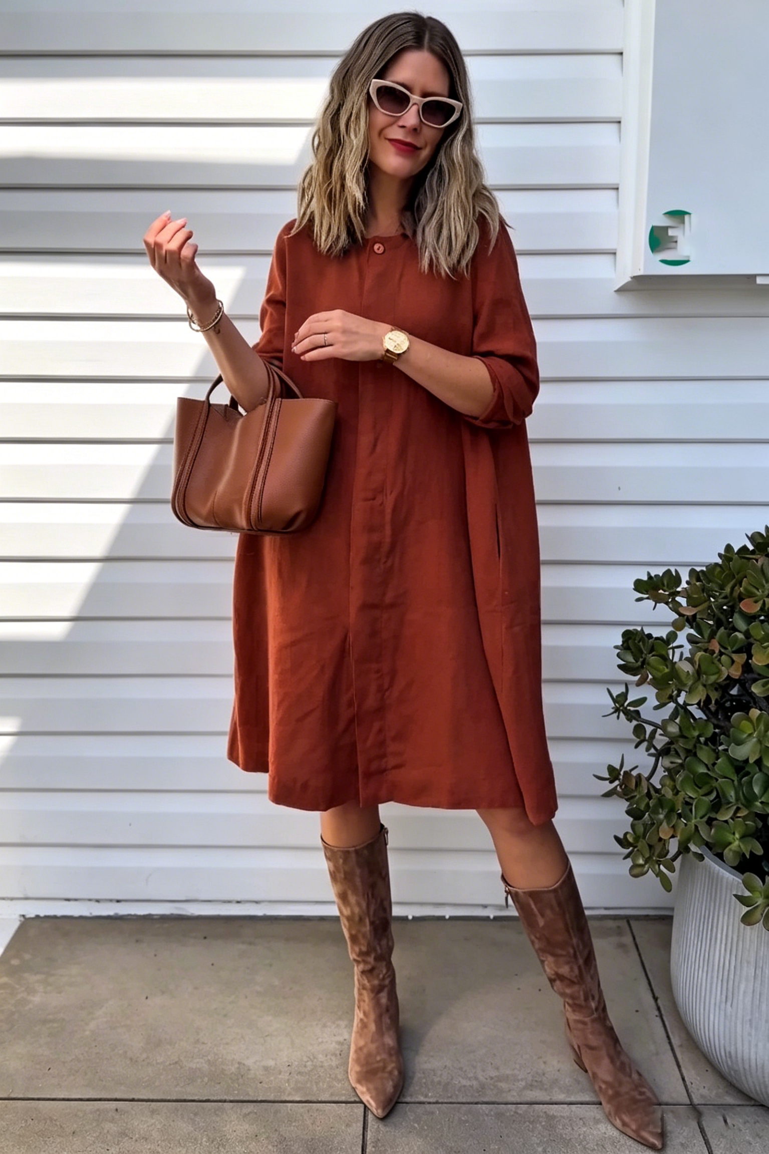 Rust Linen Blend Peter Pan Collar Loose Fit Midi Shirt Dress for Women, Casual Long Sleeve Tunic Dress