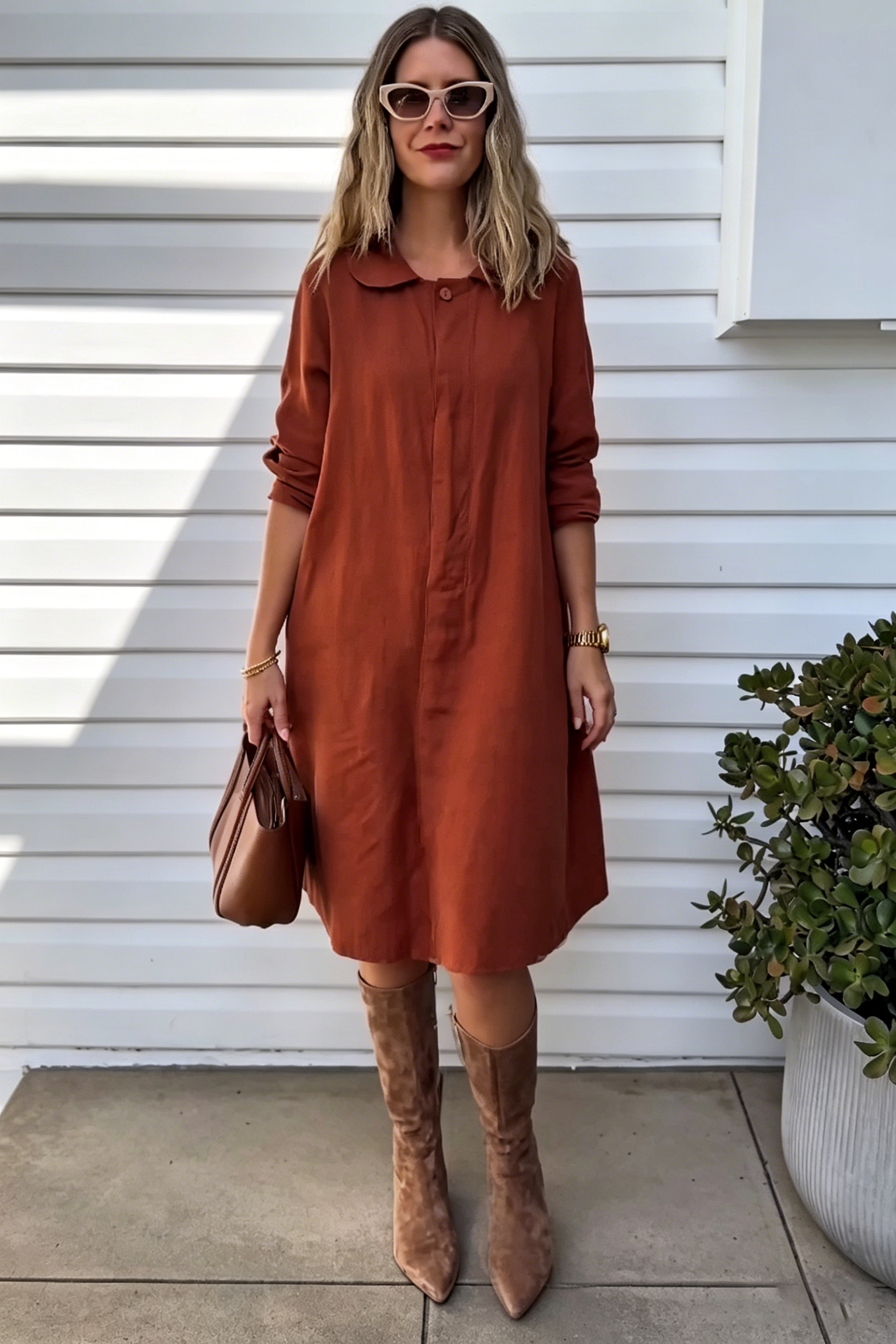 Rust Linen Blend Peter Pan Collar Loose Fit Midi Shirt Dress for Women, Casual Long Sleeve Tunic Dress