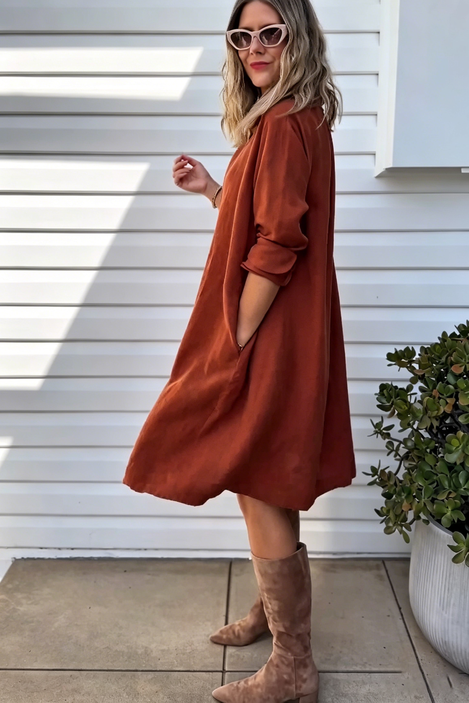 Rust Linen Blend Peter Pan Collar Loose Fit Midi Shirt Dress for Women, Casual Long Sleeve Tunic Dress