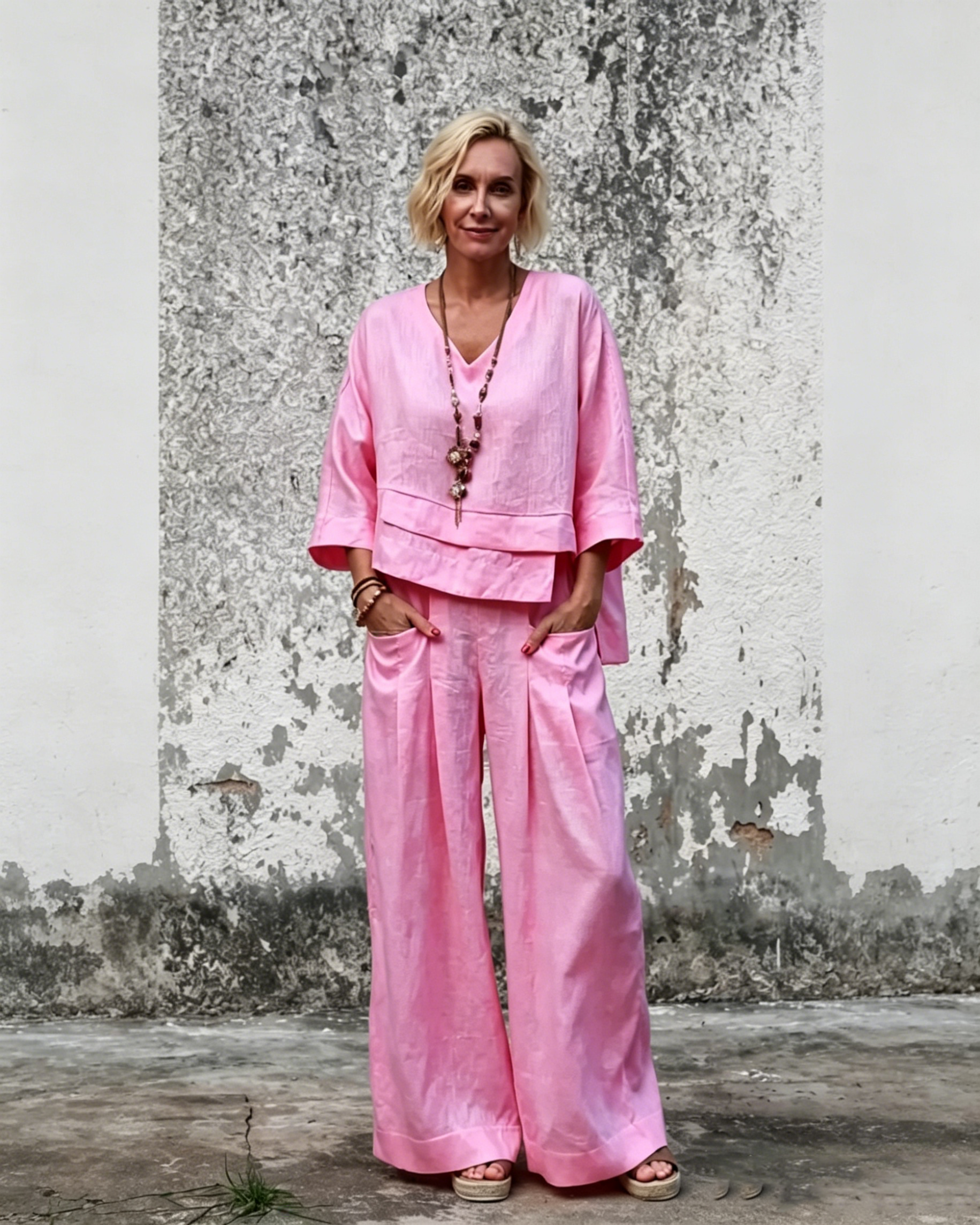 Linen Two-Piece Set - V-Neck 3/4 Sleeve Top & High Waist Wide Leg Palazzo Pants, Casual Loungewear