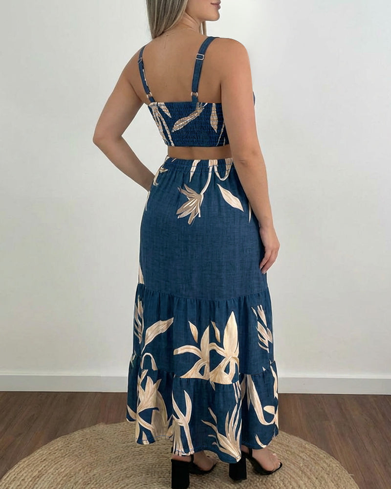 Plants Print Adjustable Straps Cutout Waist Shirred Back Maxi Dress