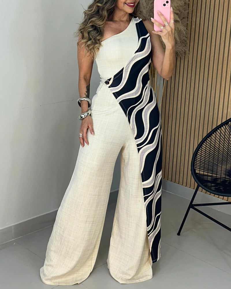 One-Shoulder Sleeveless Color-Blocked Wave-Print Wrap-Style Jumpsuit