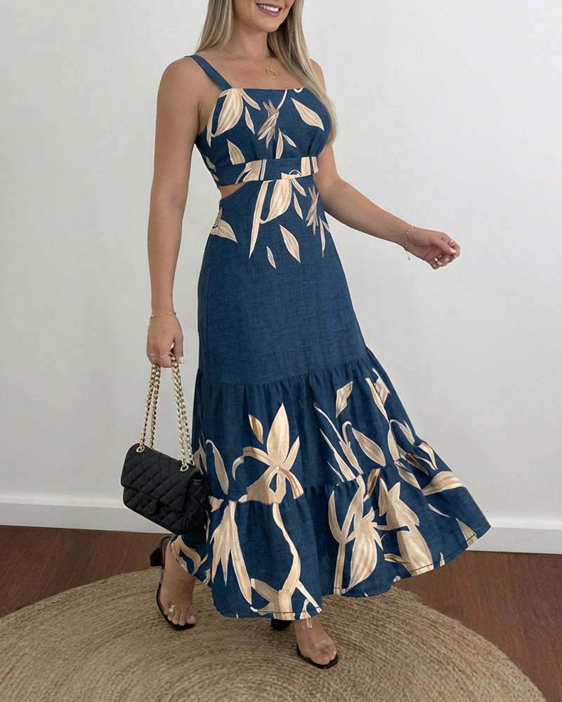 Plants Print Adjustable Straps Cutout Waist Shirred Back Maxi Dress