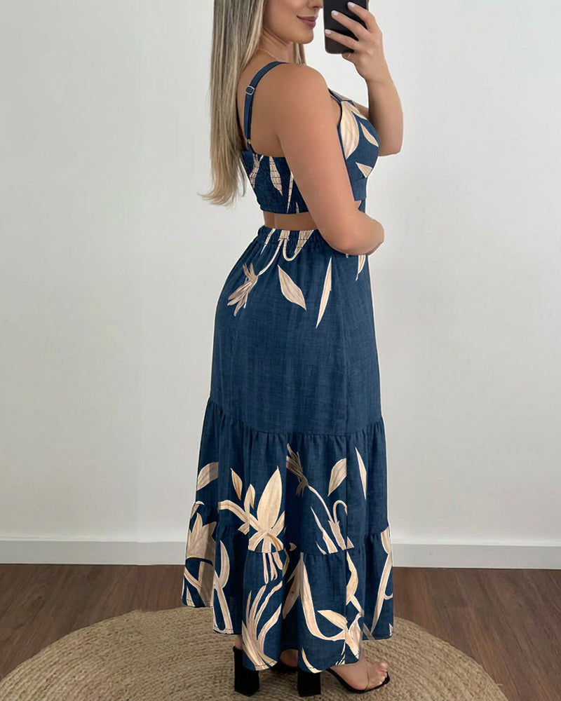Plants Print Adjustable Straps Cutout Waist Shirred Back Maxi Dress