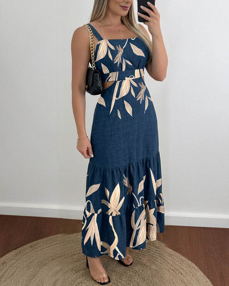 Plants Print Adjustable Straps Cutout Waist Shirred Back Maxi Dress