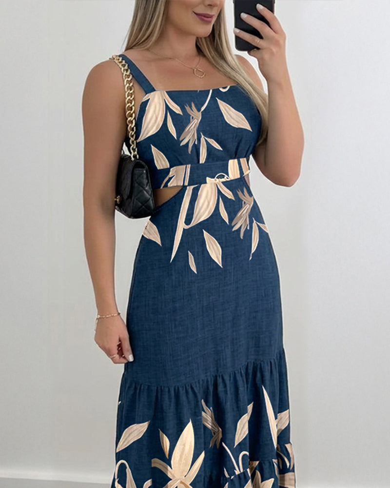 Plants Print Adjustable Straps Cutout Waist Shirred Back Maxi Dress