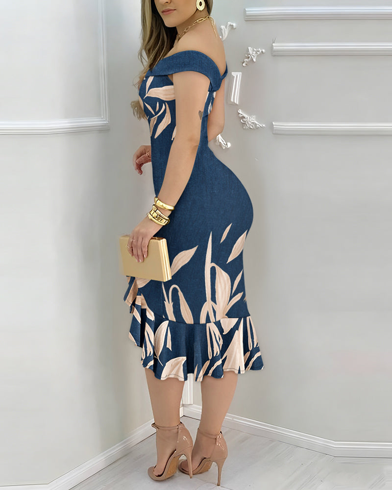Women's Off Shoulder Midi Dress Leaf Print Bodycon Mermaid Dress