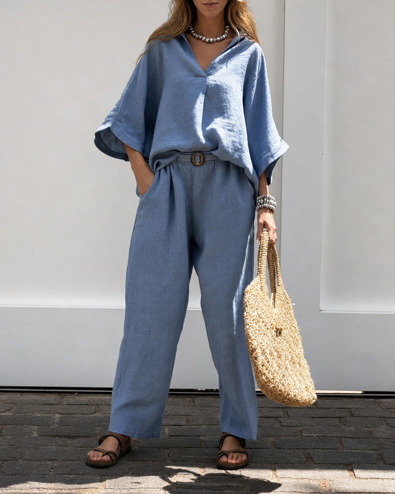 Women's Spring and Summer Linen Comfortable Top and Pants Two-Piece Set
