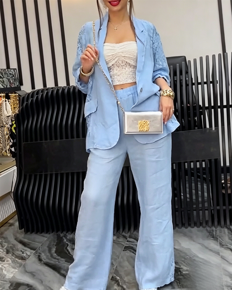 Women's Spring/Summer Linen Lace Patchwork Top and Pants Two-Piece Set