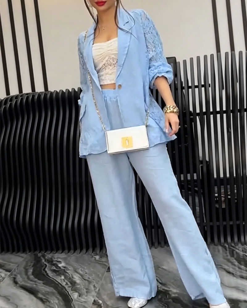 Women's Spring/Summer Linen Lace Patchwork Top and Pants Two-Piece Set
