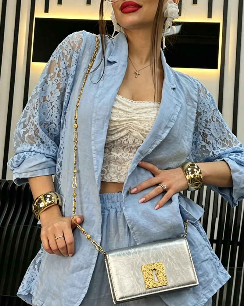 Women's Spring/Summer Linen Lace Patchwork Top and Pants Two-Piece Set