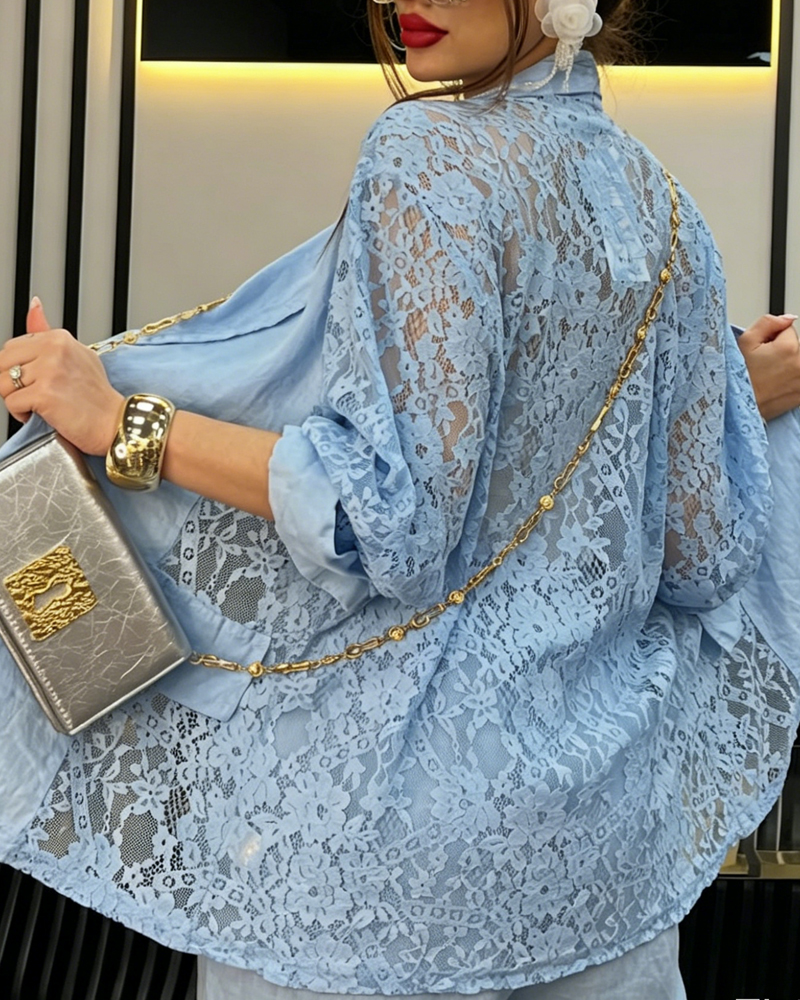 Women's Spring/Summer Linen Lace Patchwork Top and Pants Two-Piece Set