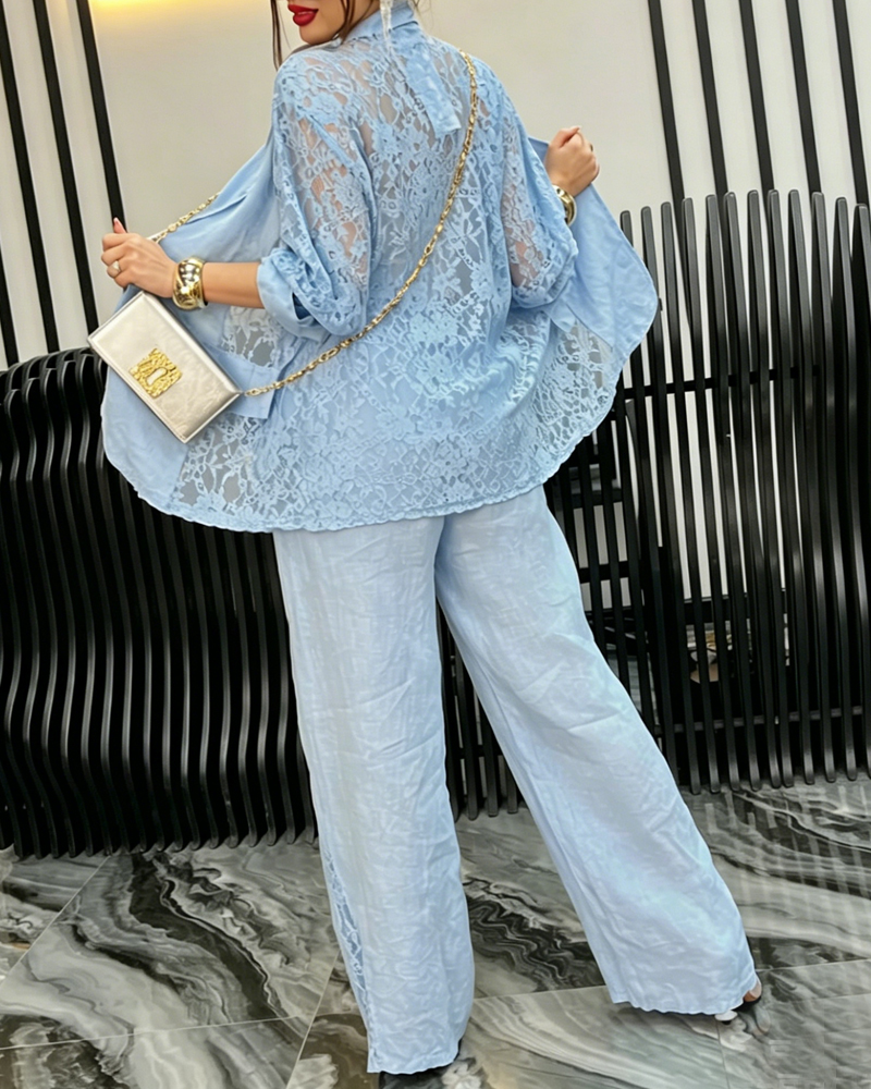 Women's Spring/Summer Linen Lace Patchwork Top and Pants Two-Piece Set