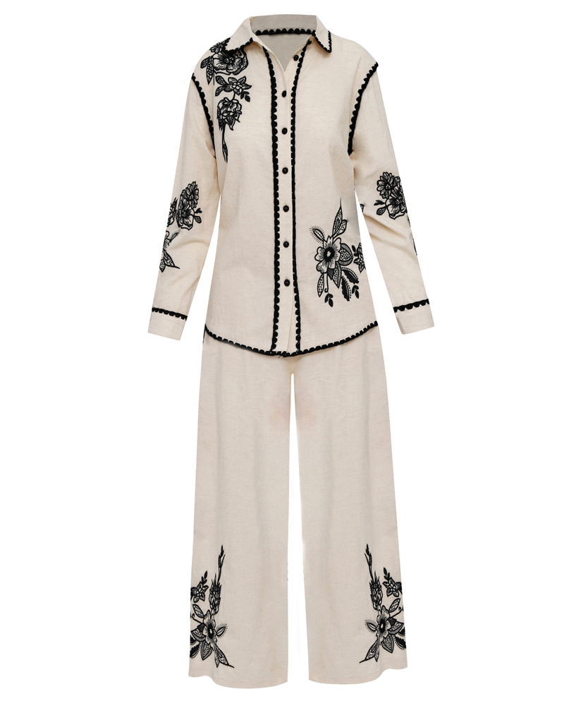 Women's Spring and Summer Comfortable Linen Embroidered Shirt and Pants Set