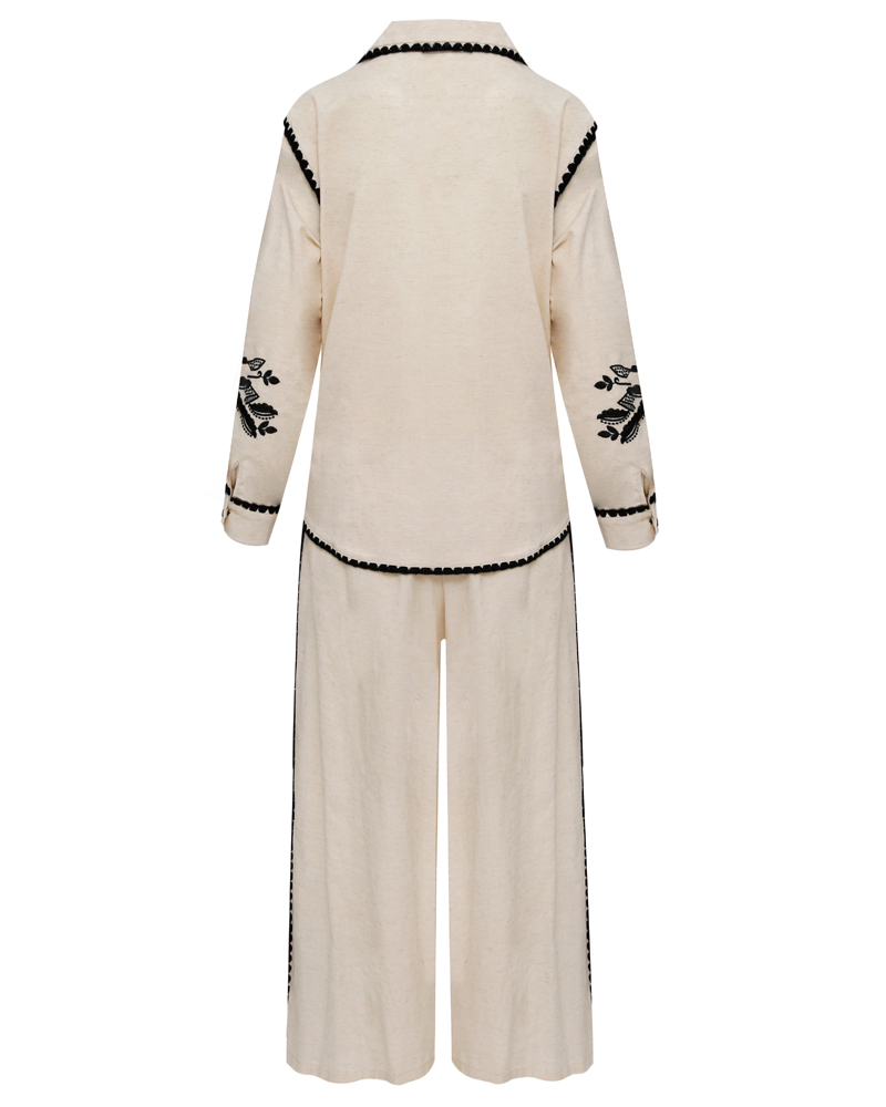 Women's Spring and Summer Comfortable Linen Embroidered Shirt and Pants Set