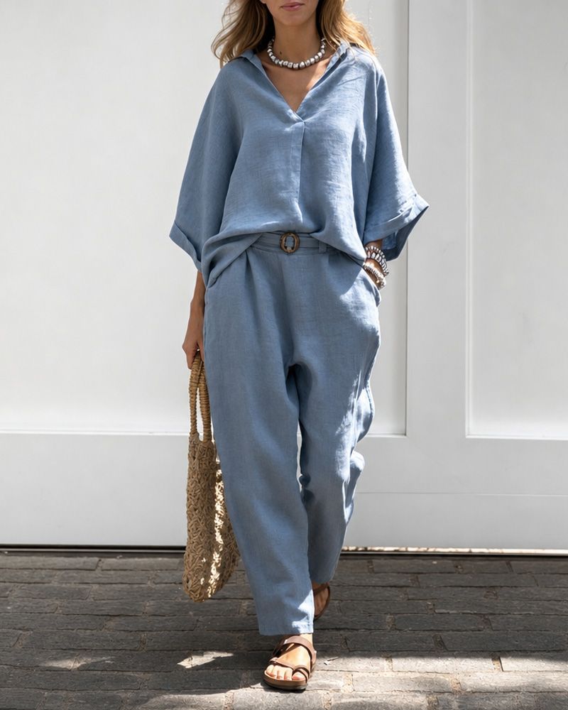 Women's Spring and Summer Linen Comfortable Top and Pants Two-Piece Set
