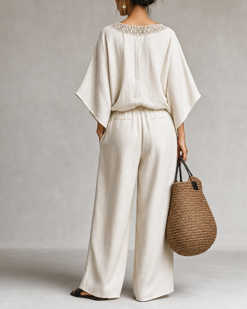 Women's Spring/Summer Linen Comfortable Patchwork Lace Neckline Top and Pants Two-Piece Set