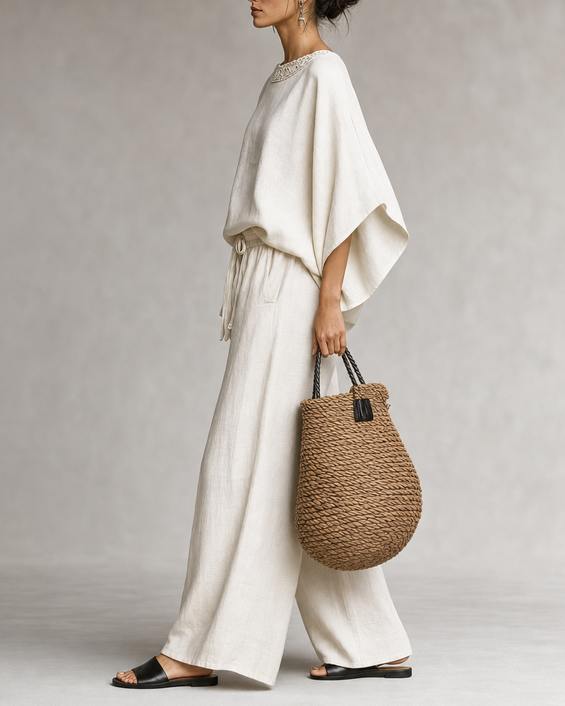 Women's Spring/Summer Linen Comfortable Patchwork Lace Neckline Top and Pants Two-Piece Set