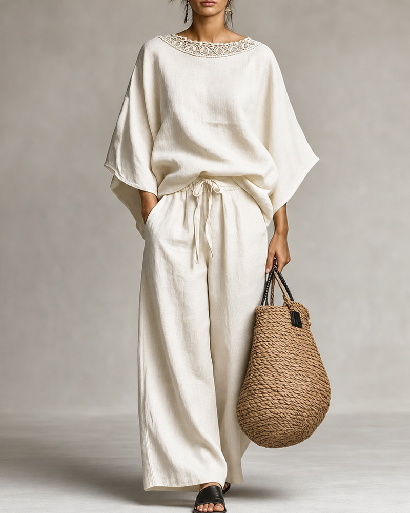 Women's Spring/Summer Linen Comfortable Patchwork Lace Neckline Top and Pants Two-Piece Set