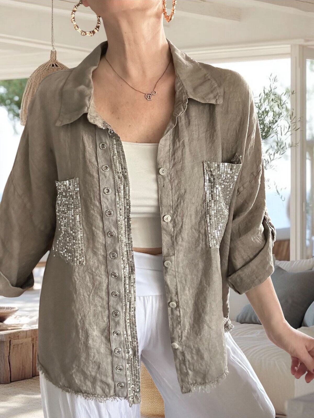 [Copy]Rust Linen Crochet Back Tie-Front Blouse