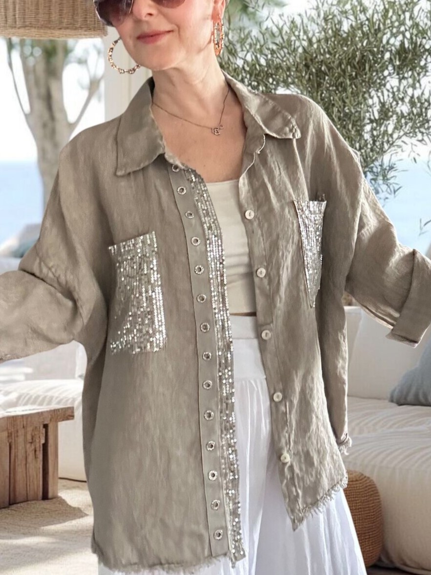 [Copy]Rust Linen Crochet Back Tie-Front Blouse