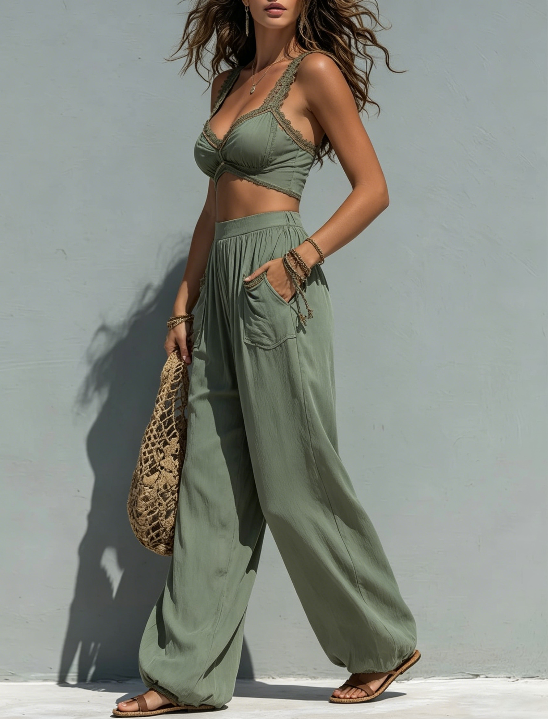 Cotton Linen Elastic Waist Wide Leg Palazzo Pants