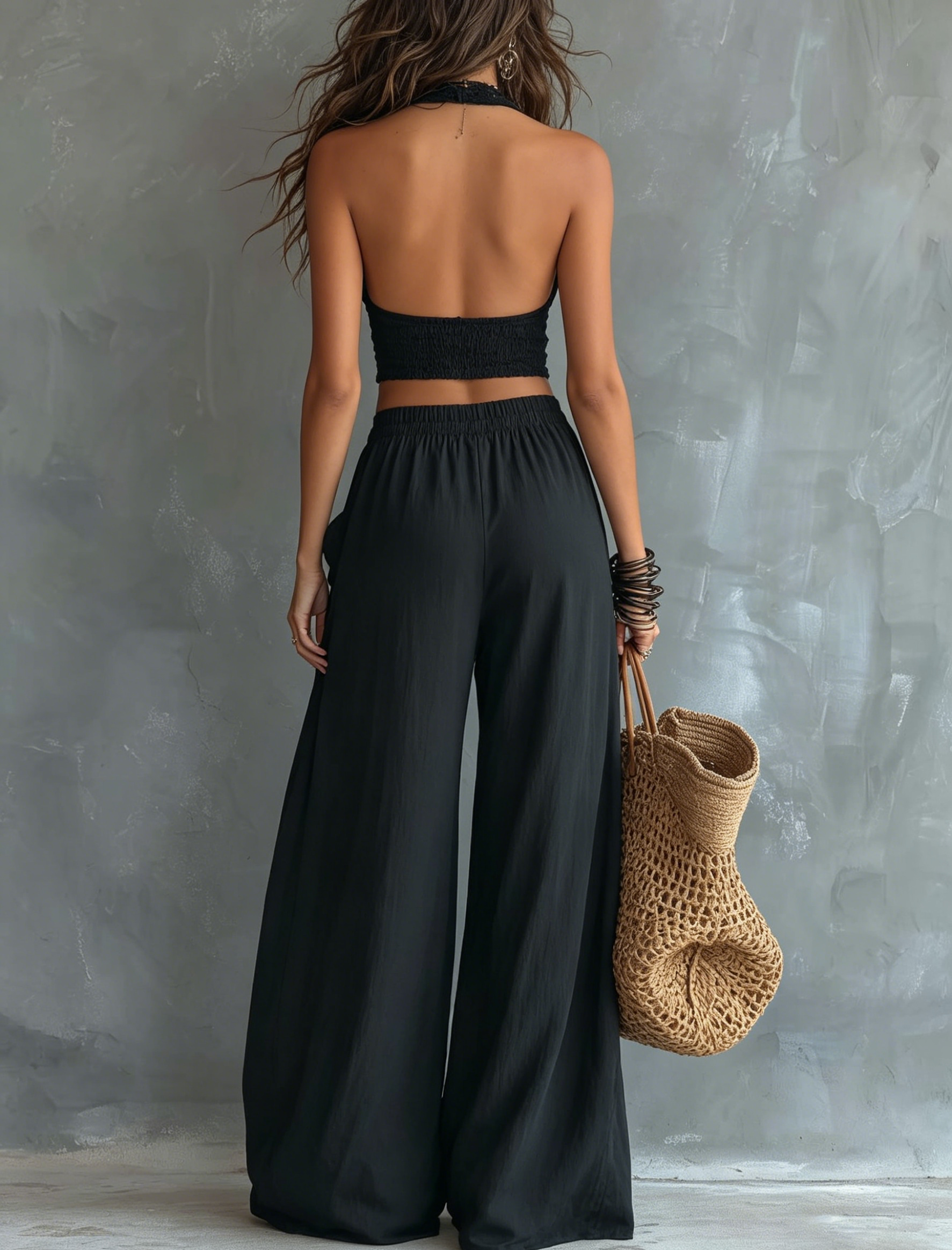 Flowy Cotton Linen Elastic Waist Wide Leg Beach Pants