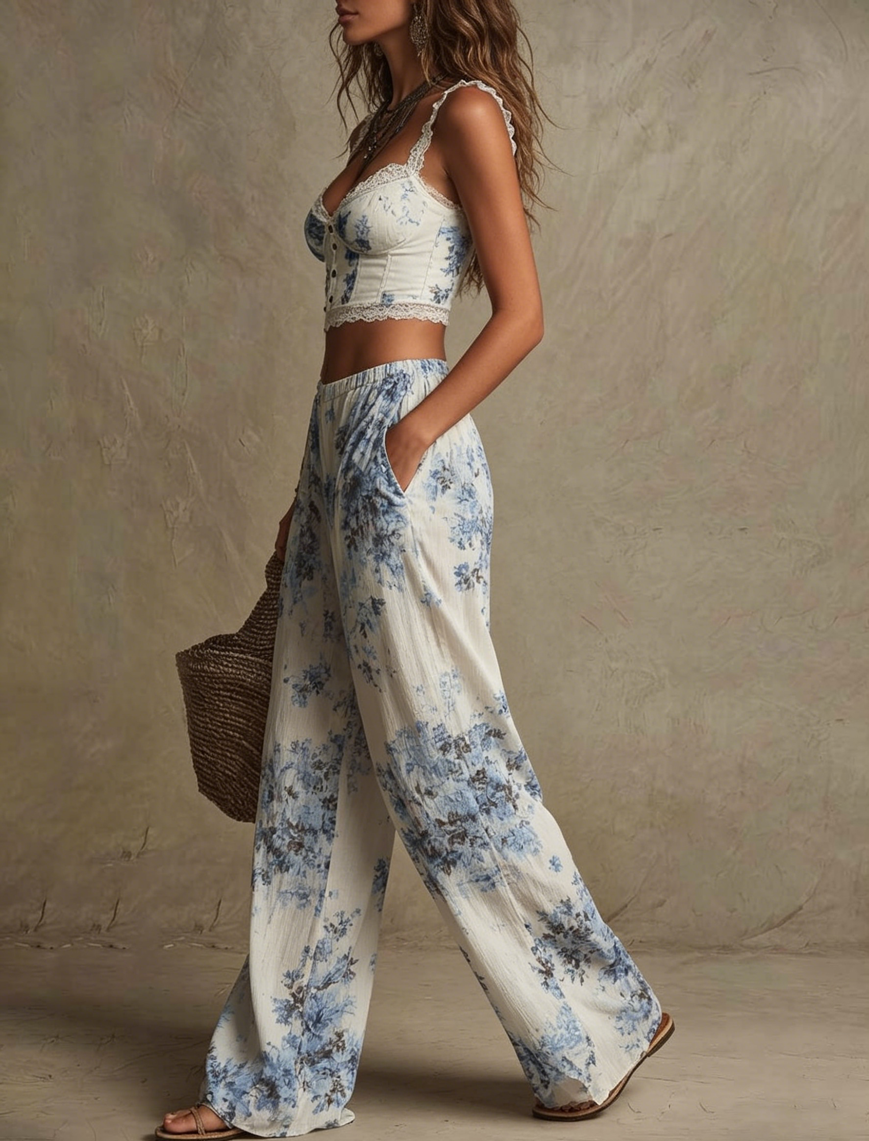 Floral Print Cotton Linen Elastic Waist Bohemian Wide Leg Pants