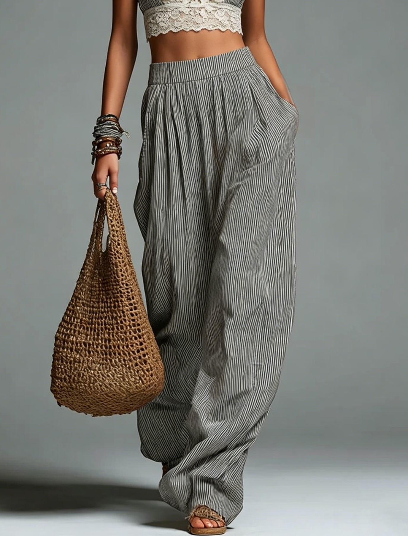 Striped Cotton Linen Elastic Waist Loose Fit Wide Leg Pants