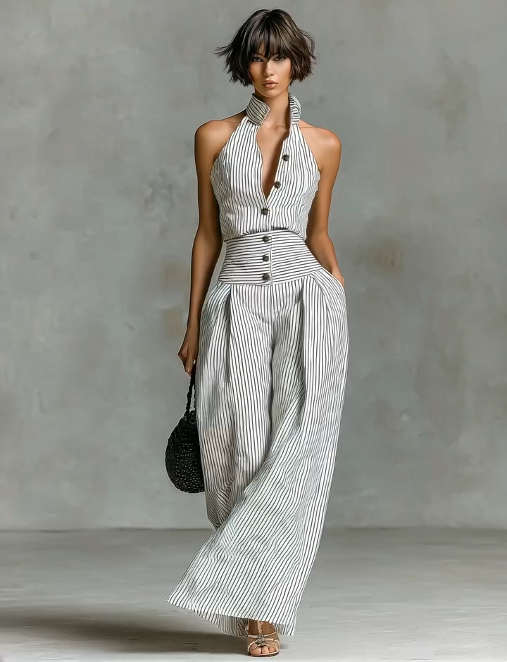 ✨New Halter-Neck Striped Two-Piece Set Is Here.🍂 Tailored Retro Elegance, Head-To-Toe Charm.✔️Perfect For Standout Summer Days.✔️