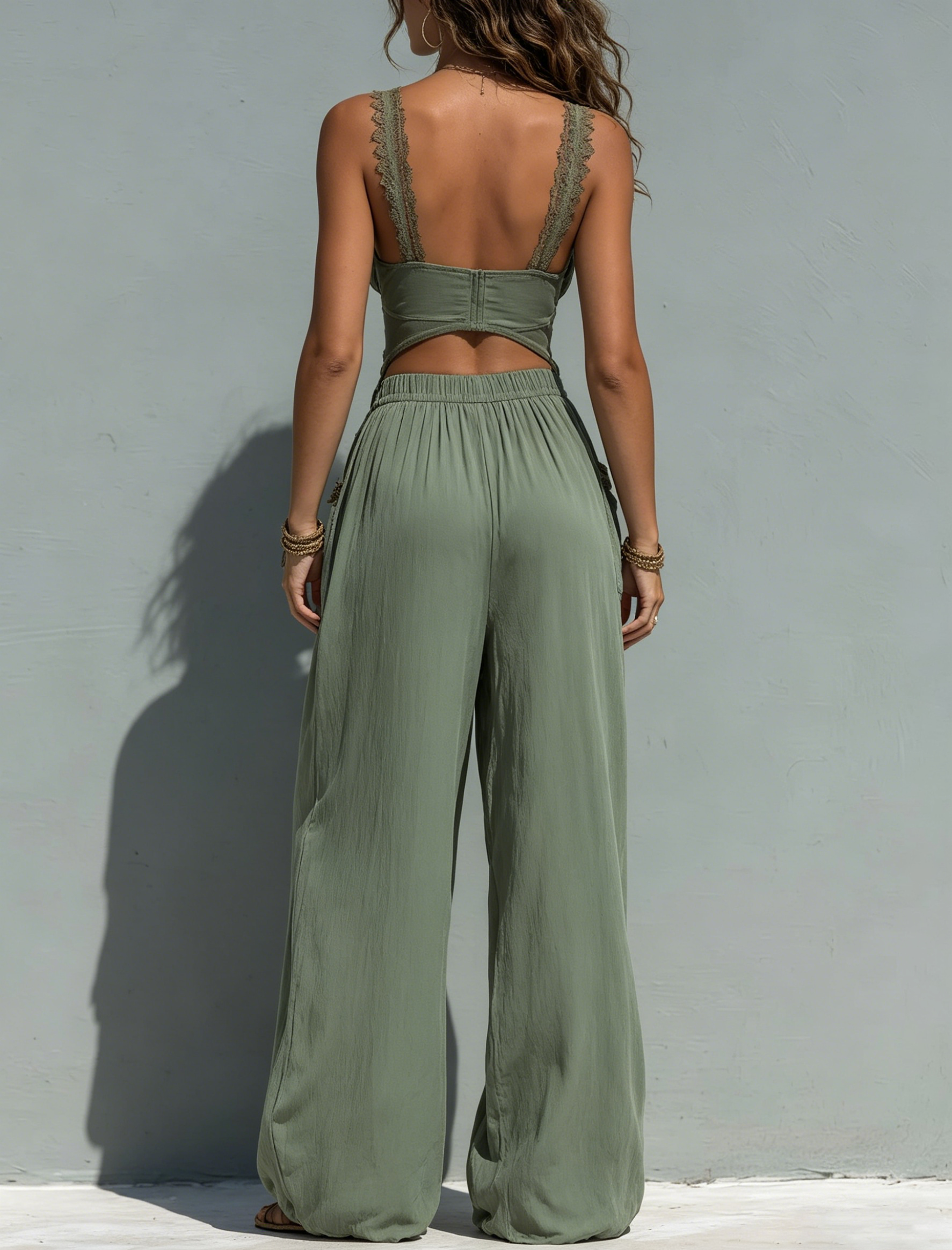 Cotton Linen Elastic Waist Wide Leg Palazzo Pants