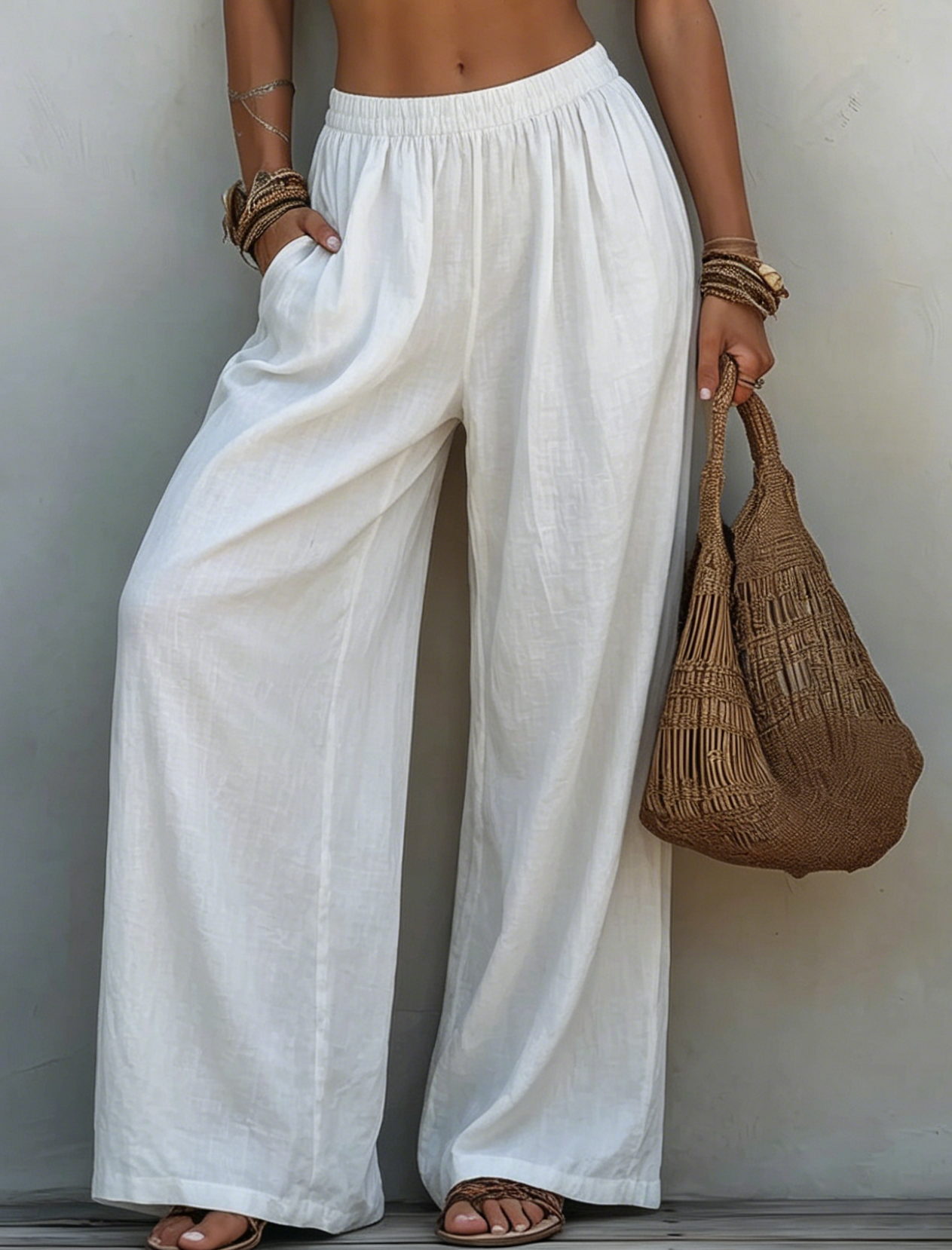 Cotton Linen Elastic High Waist Casual Wide Leg Pants