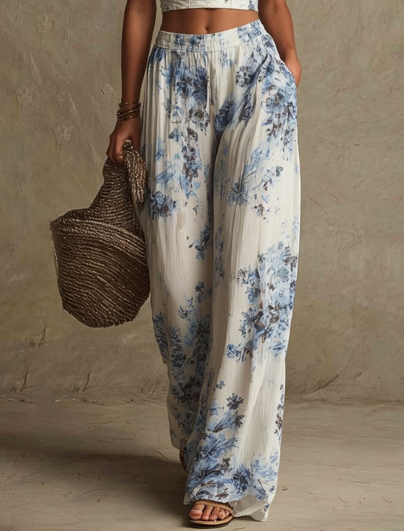 Floral Print Cotton Linen Elastic Waist Bohemian Wide Leg Pants