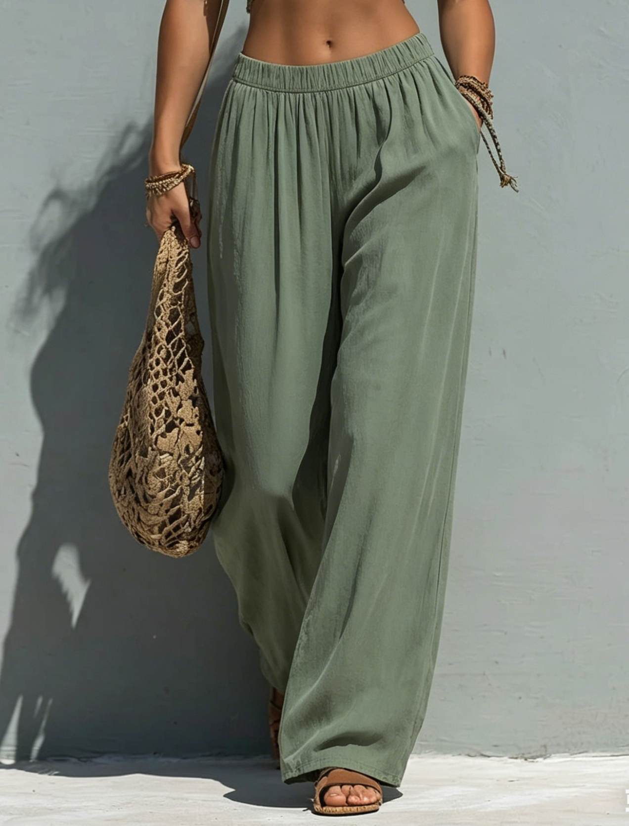 Cotton Linen Elastic Waist Wide Leg Palazzo Pants