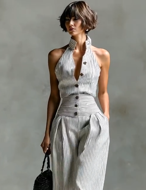 ✨New Halter-Neck Striped Two-Piece Set Is Here.🍂 Tailored Retro Elegance, Head-To-Toe Charm.✔️Perfect For Standout Summer Days.✔️
