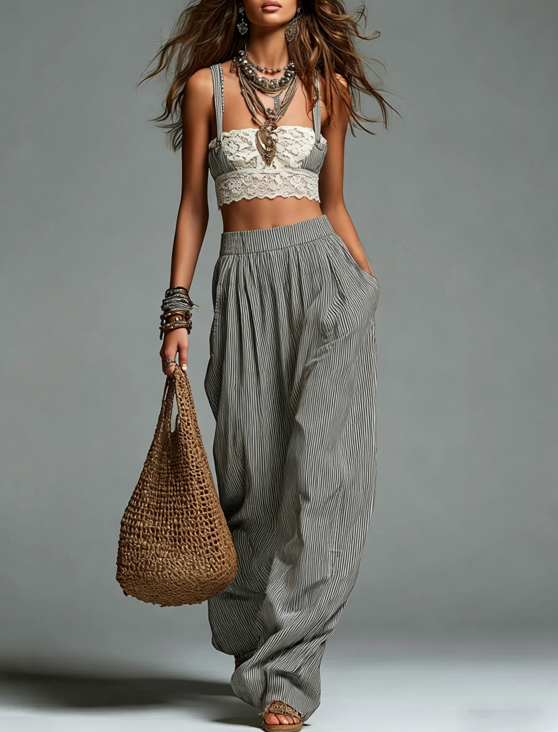 Striped Cotton Linen Elastic Waist Loose Fit Wide Leg Pants